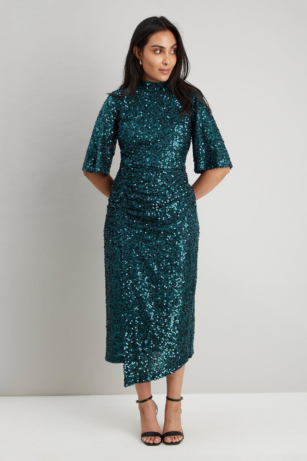 Petite Green Sequin Ruched Side Dress ...